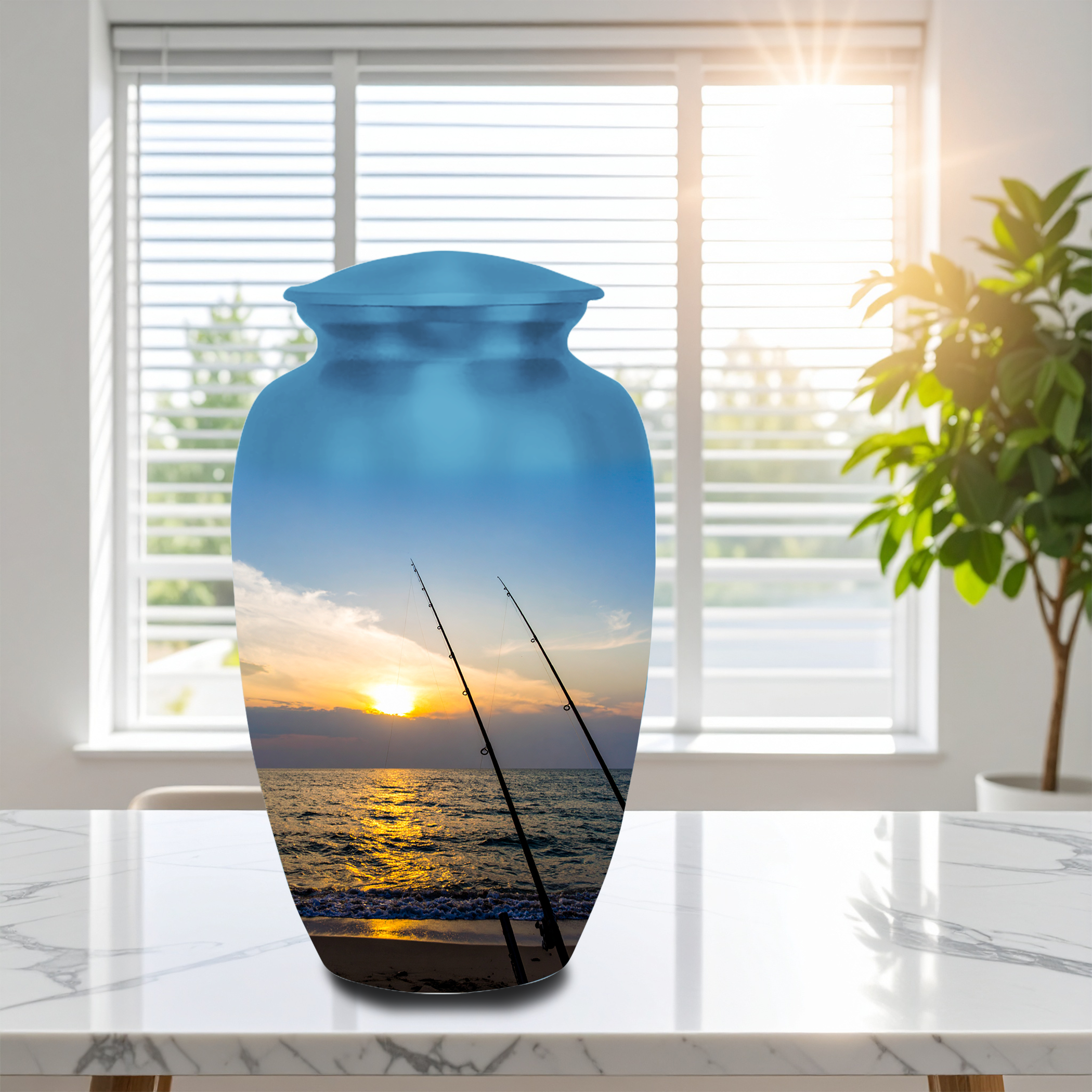 Fishing Cremation Urn for Human Ashes Adult – Handmade Aluminum Fisherman Memorial Funeral Urn, 10 Inch Large 200 Cubic Inches Burial Urn for Ashes