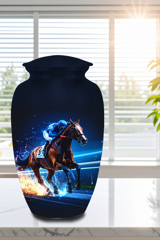 Burial urns for adults secure threaded lid horse racing cremation urns aluminum construction safe memorial storage
