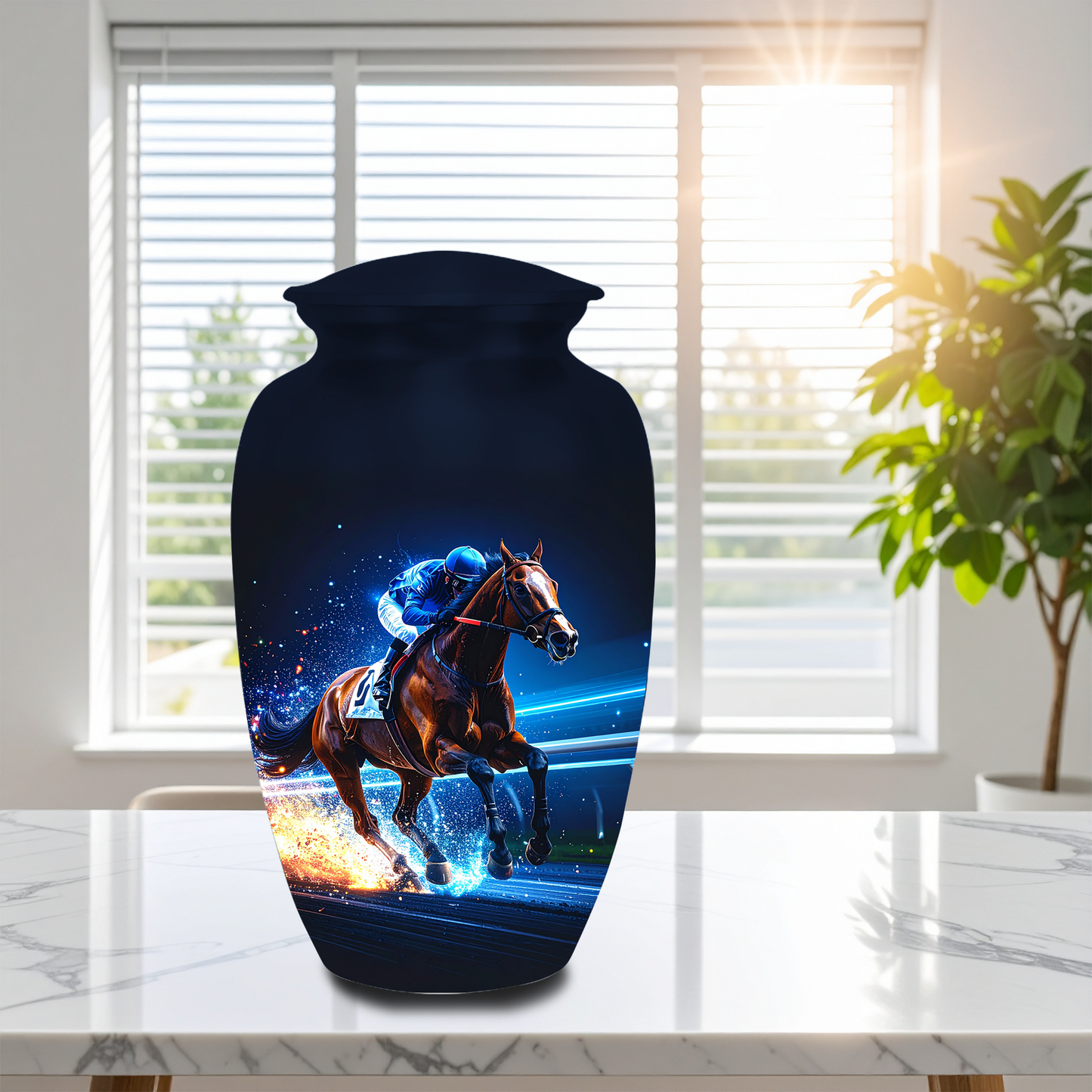 Burial urns for adults secure threaded lid horse racing cremation urns aluminum construction safe memorial storage
