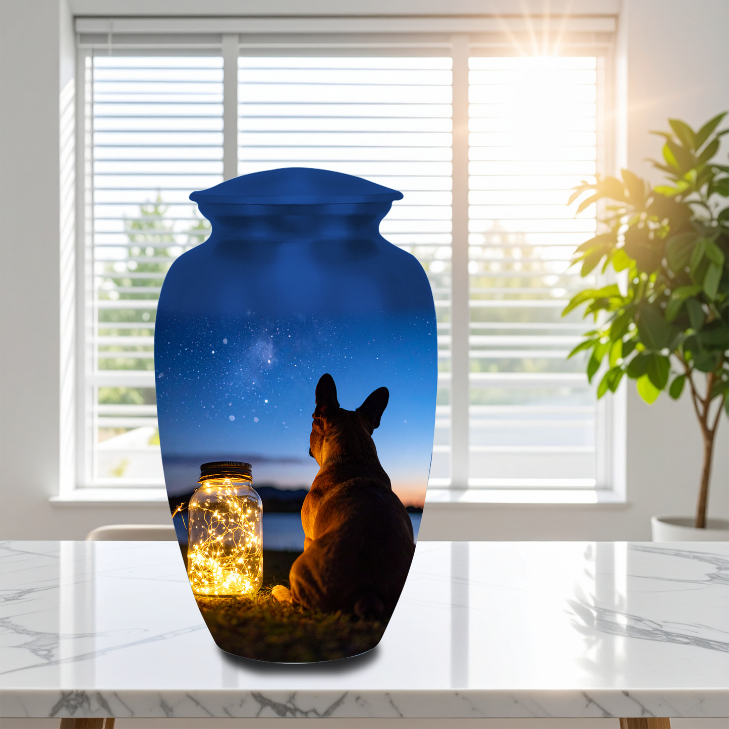 Peaceful pet memorial urn with night sky artwork