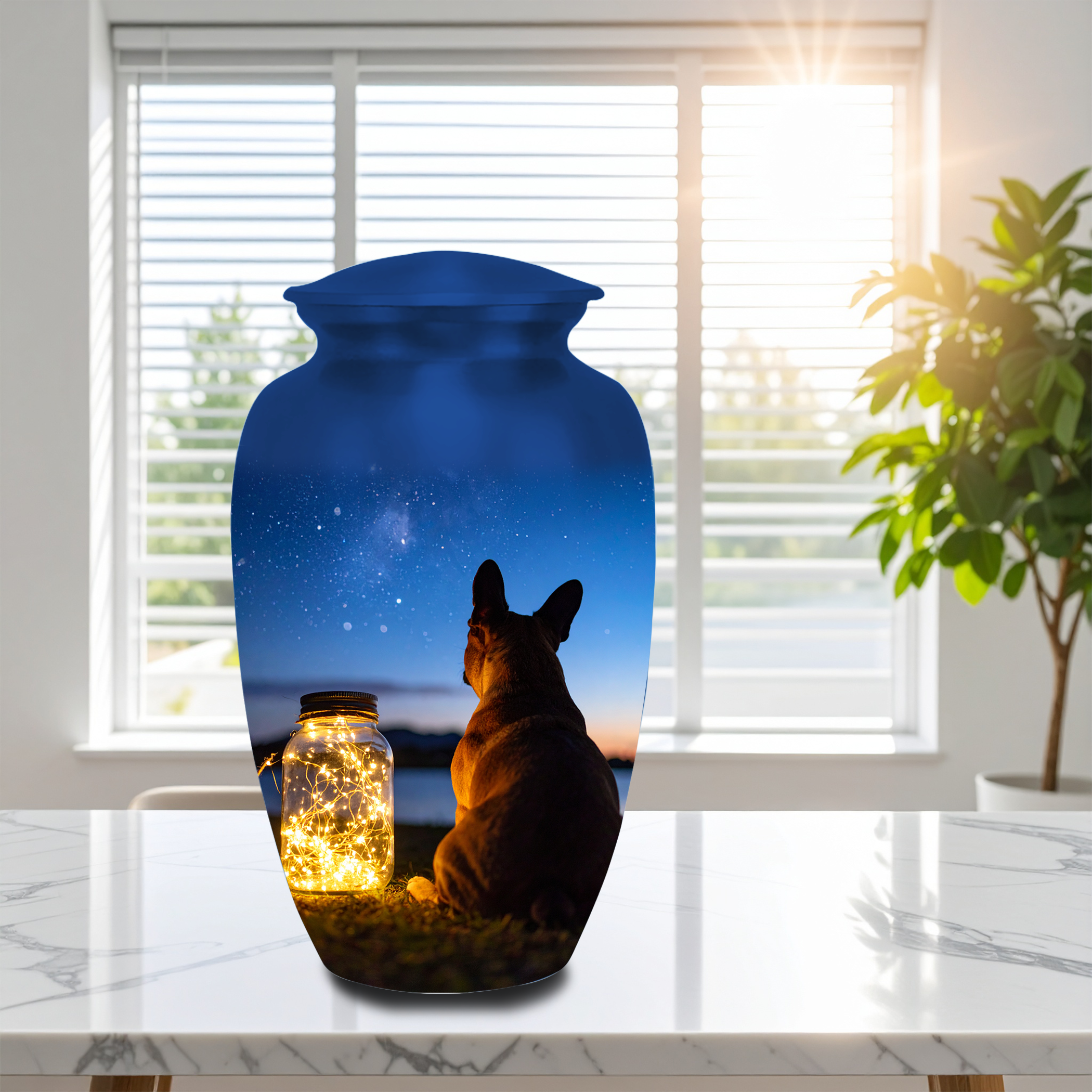 Peaceful pet memorial urn with night sky artwork