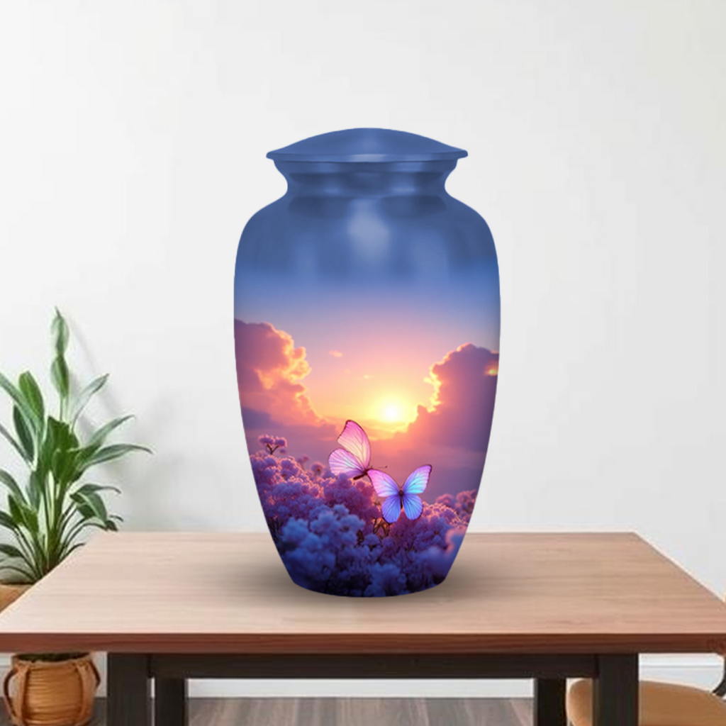 Sunset Butterfly Cremation Urn for Human Ashes – Memorial Urn with Velvet Bag