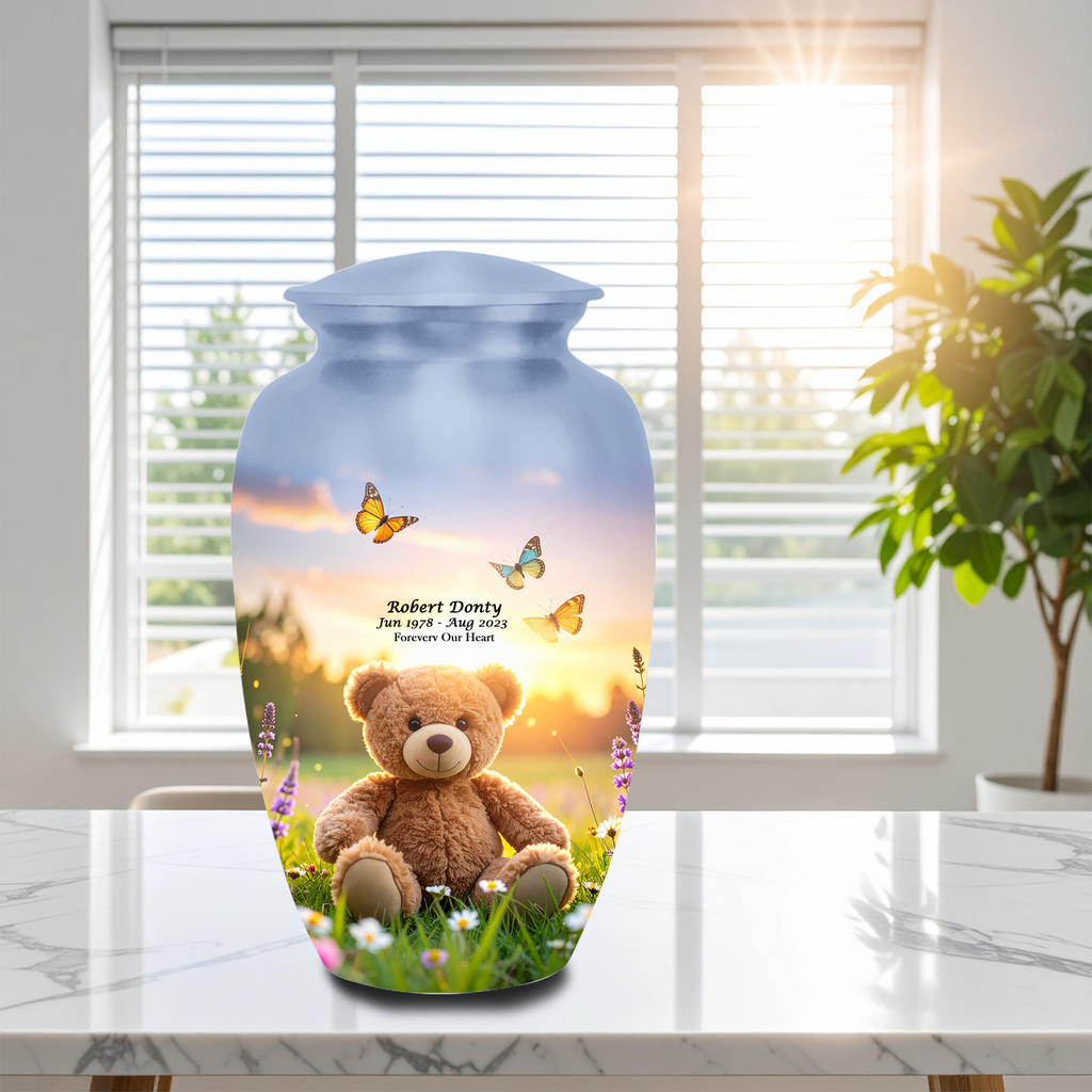 Teddy Bear Cremation Urn for Human Ashes – Handmade Aluminum Child Memorial Urn, 10 Inch Large 200 Cubic Inches Baby Funeral Burial Urn