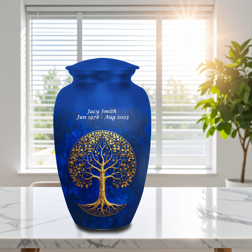 Handmade Cremation Urn for Human Ashes Adult – Personalized Blue & Gold Tree of Life Memorial Urn, Aluminum Funeral Burial Urn (200 Cubic Inches)