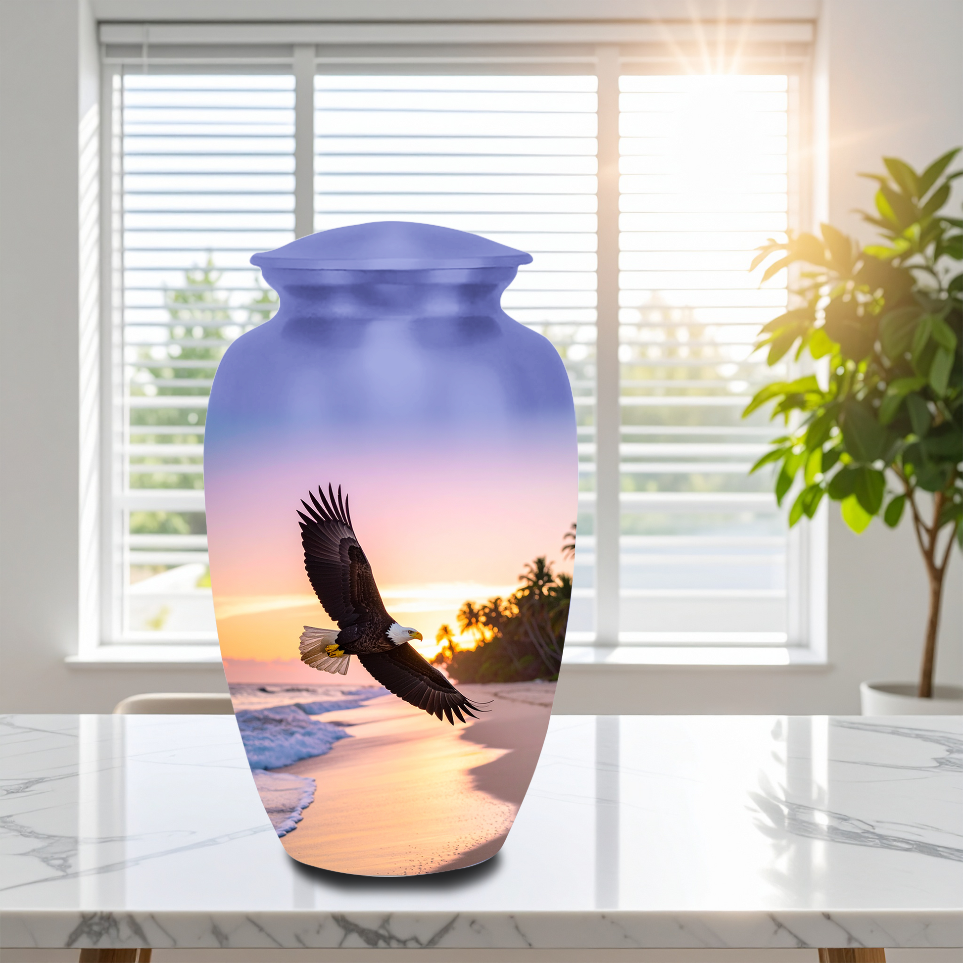 Eagle cremation urn with sunrise beach design