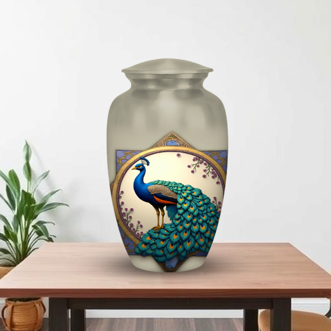 Peacock Cremation Urn for Human Ashes – Elegant Memorial Urn with Velvet Bag