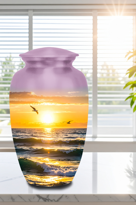 Sunset ocean cremation urn for adult human ashes