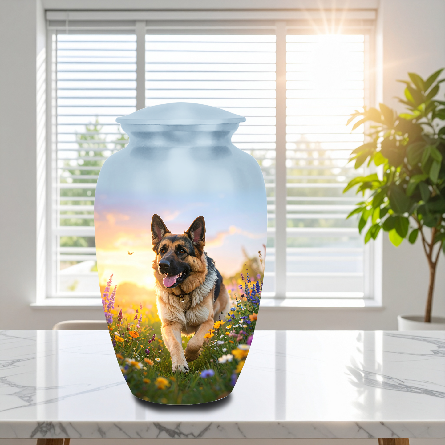 Large 10-inch aluminum cremation urn for pet ashes, featuring a German Shepherd running in a wildflower field at sunset, with a black velvet drawstring bag