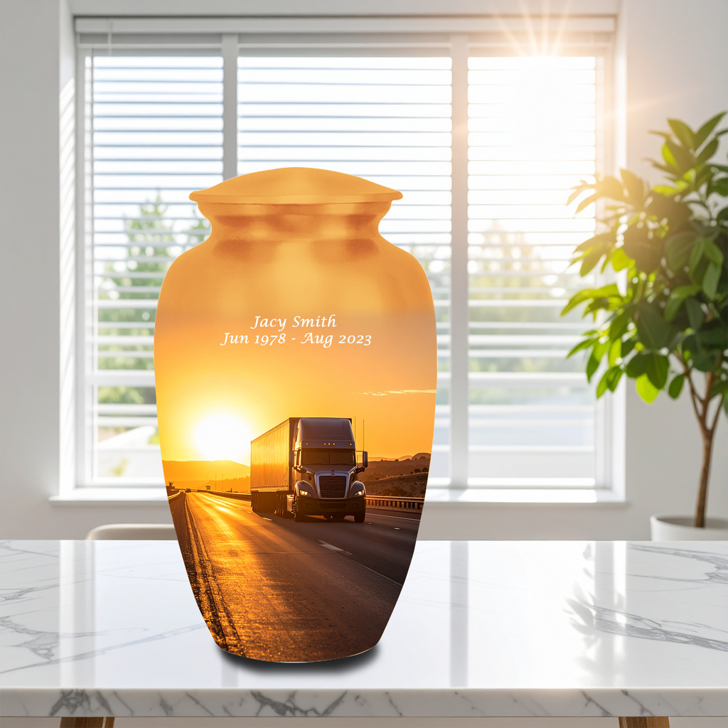 Handmade Cremation Urn for Human Ashes Adult Male – Personalized Semi Truck Sunset Memorial Urn, Aluminum Funeral Burial Urn with Custom Engraving (10 Inch, 200 Cubic Inches)