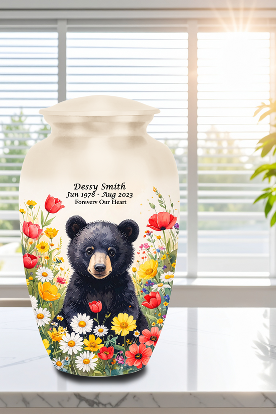 Bear baby in wild flower cremation urn for adult human ashes