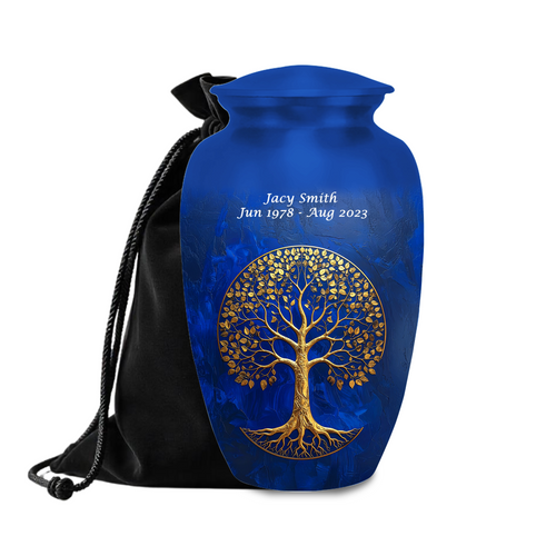 Blue and gold tree of life cremation urn for human ashes