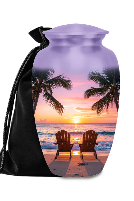 Tropical Beach Sunset Cremation Urn - Adult & Keepsake Sizes, Aluminum Memorial Urn
