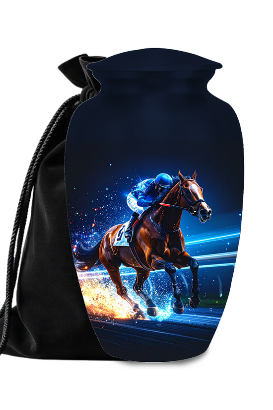 Unique urns for human ashes jockey and racehorse design equestrian heritage memorial urns trophy imagery

