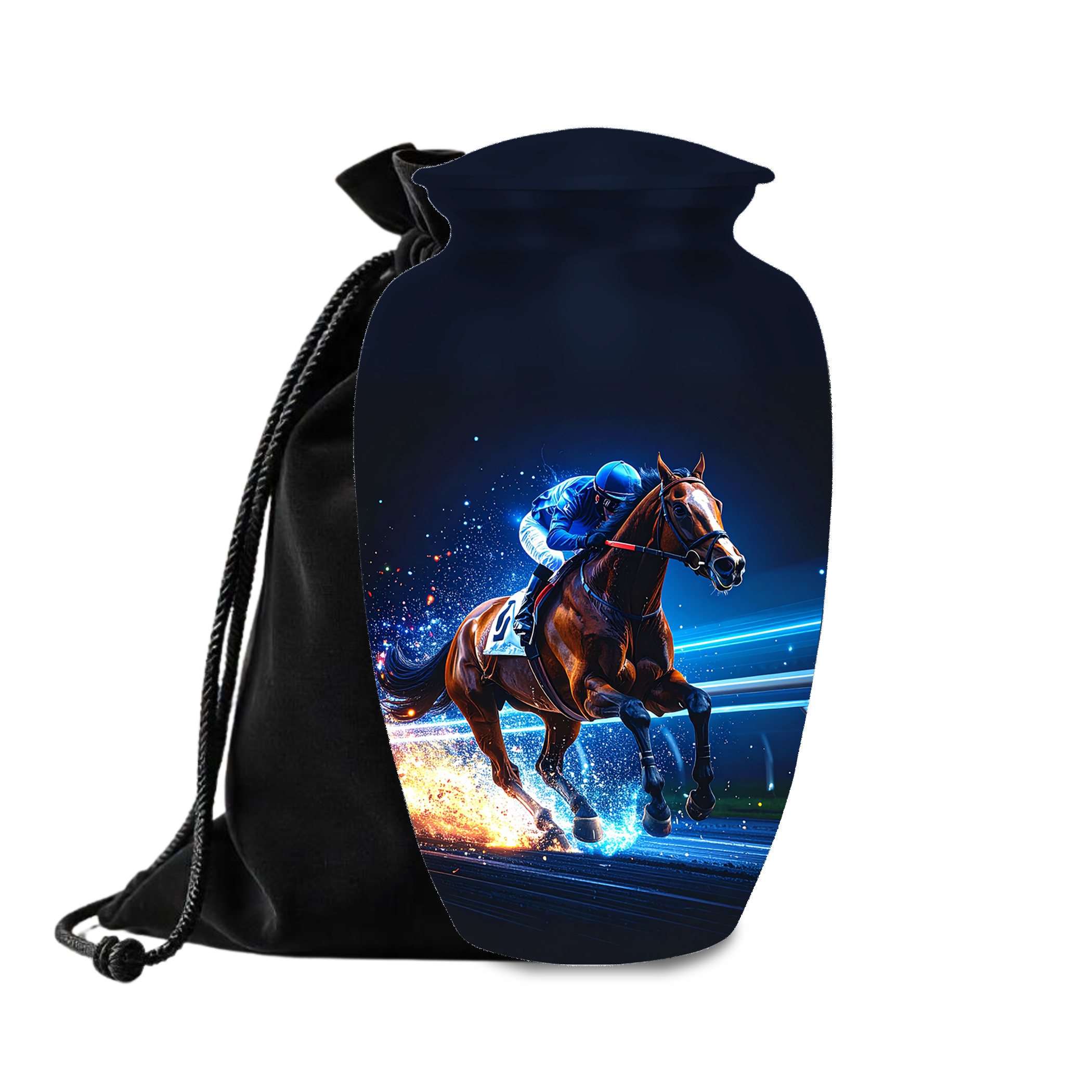 Unique urns for human ashes jockey and racehorse design equestrian heritage memorial urns trophy imagery
