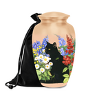 Black cat in daisy garden cremation urn for pet ashes with velvet bag