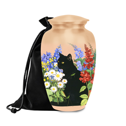 Black cat in daisy garden cremation urn for pet ashes with velvet bag