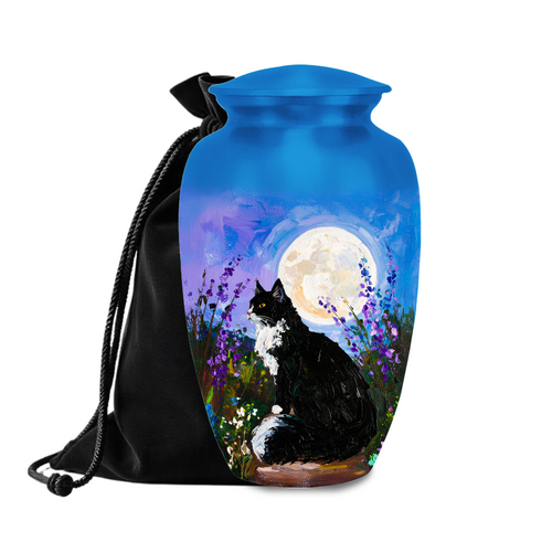 Tuxedo cat full moon cremation urn for pet ashes with velvet bag