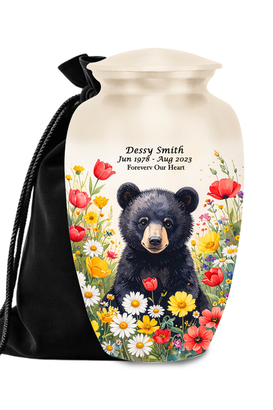 Black Bear in Wild Flower Cremation Urns for Human Ashes | Adult & Keepsake Urns | Premium Aluminum Memorial Urns | Beautiful Funeral Keepsakes