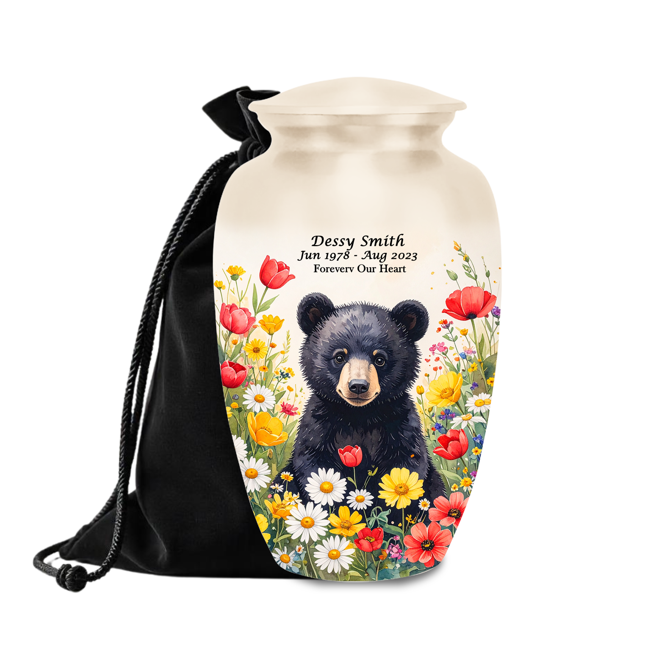 Black Bear in Wild Flower Cremation Urns for Human Ashes | Adult & Keepsake Urns | Premium Aluminum Memorial Urns | Beautiful Funeral Keepsakes