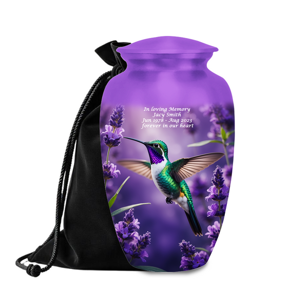 Purple hummingbird lavender cremation urn for human ashes