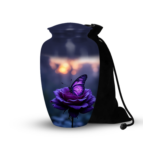 Purple butterfly on purple rose cremation urn for human ashes with velvet bag
