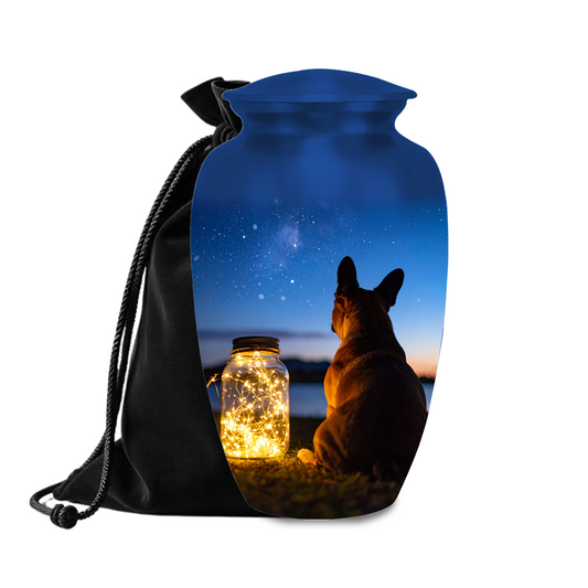Dog memorial urn under starry night sky