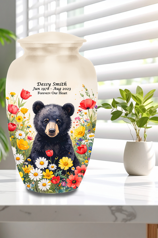 Black Bear in Wild Flower Cremation Urns for Human Ashes | Adult & Keepsake Urns | Premium Aluminum Memorial Urns | Beautiful Funeral Keepsakes