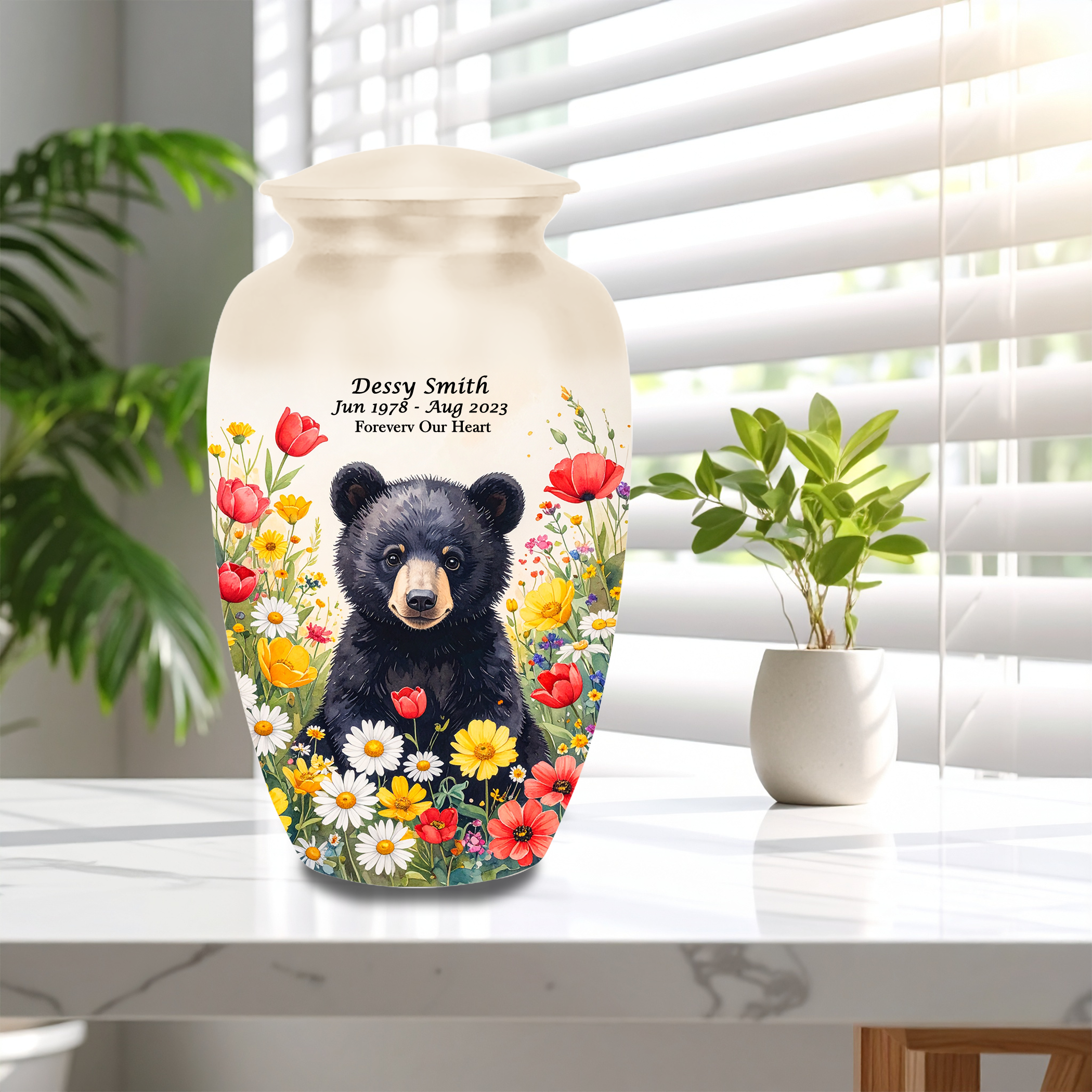 Black Bear in Wild Flower Cremation Urns for Human Ashes | Adult & Keepsake Urns | Premium Aluminum Memorial Urns | Beautiful Funeral Keepsakes