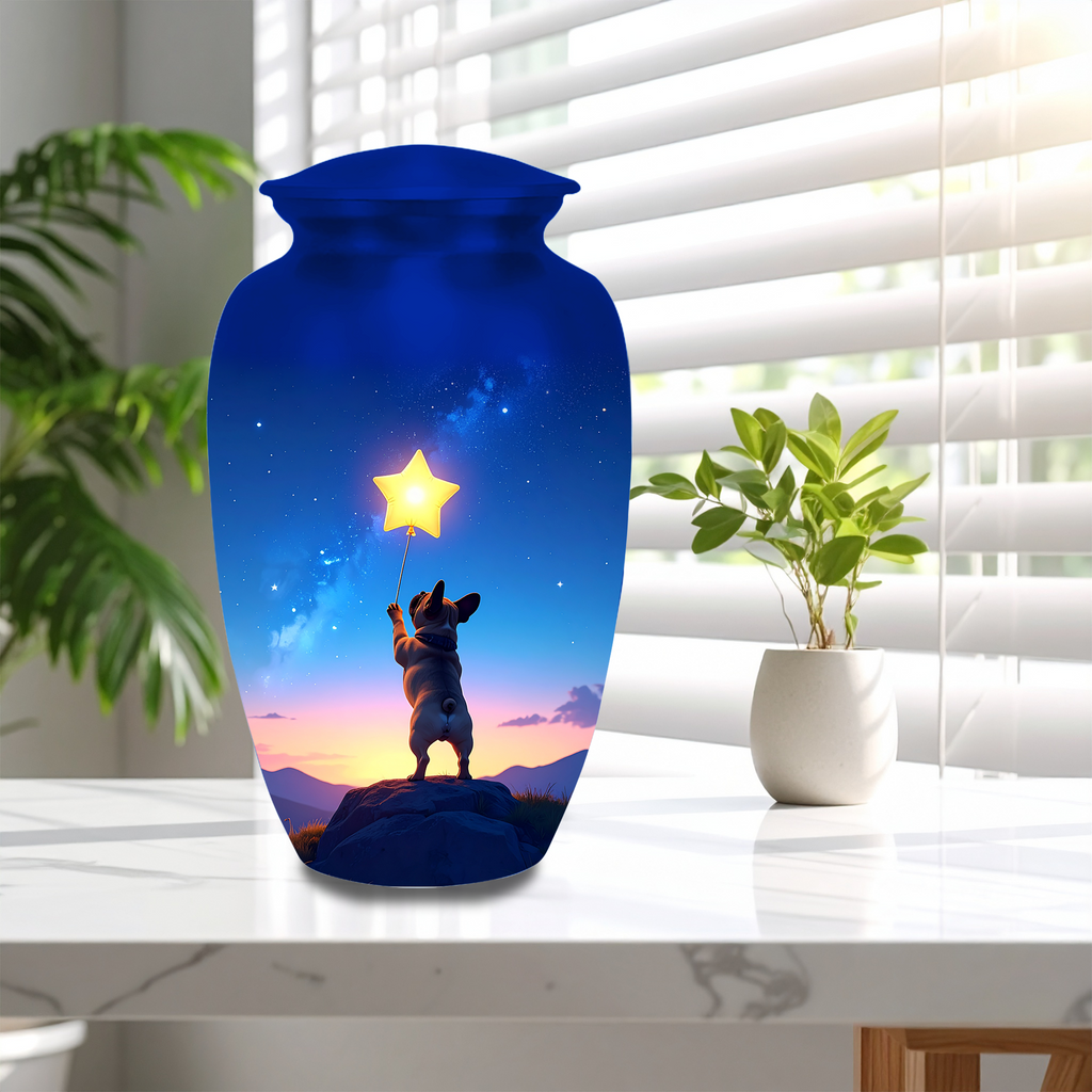 Dog reaching for star cremation urn
