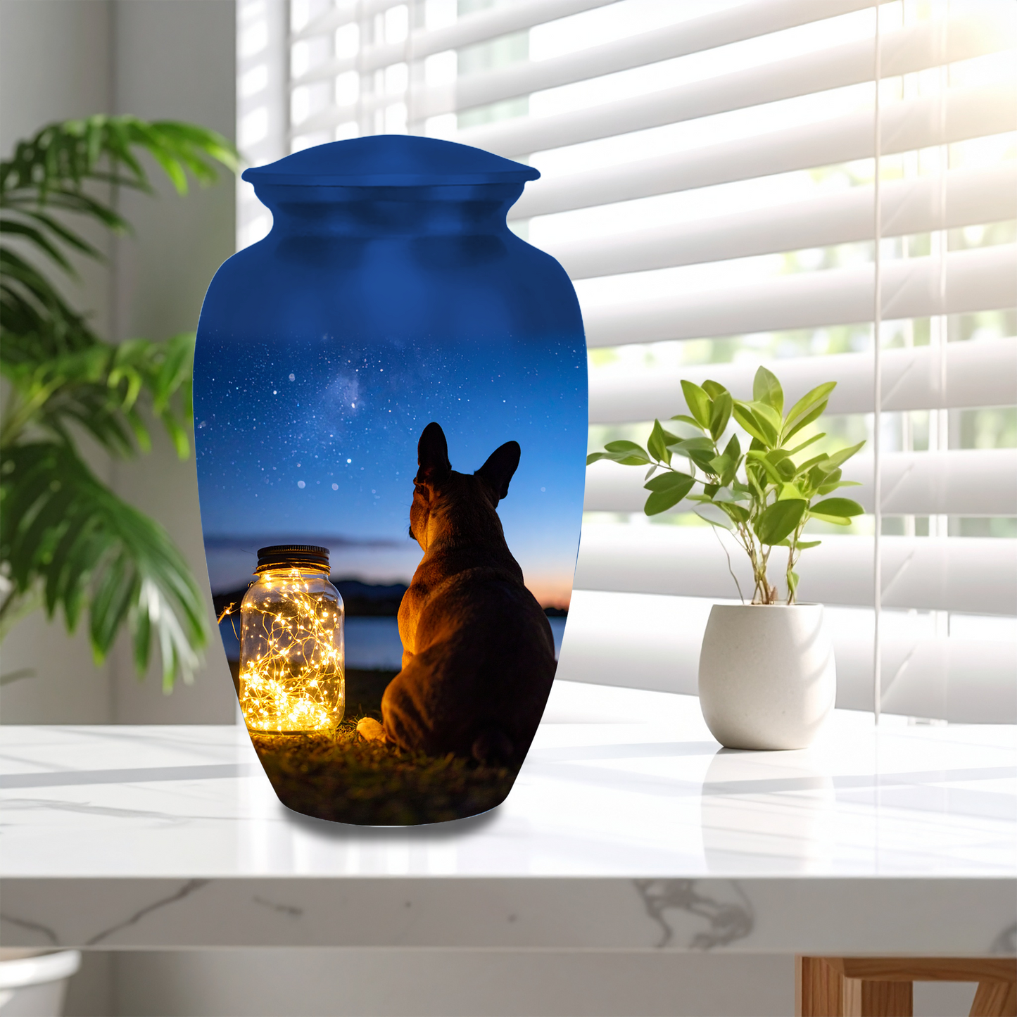 Pet urn with dog and lantern design