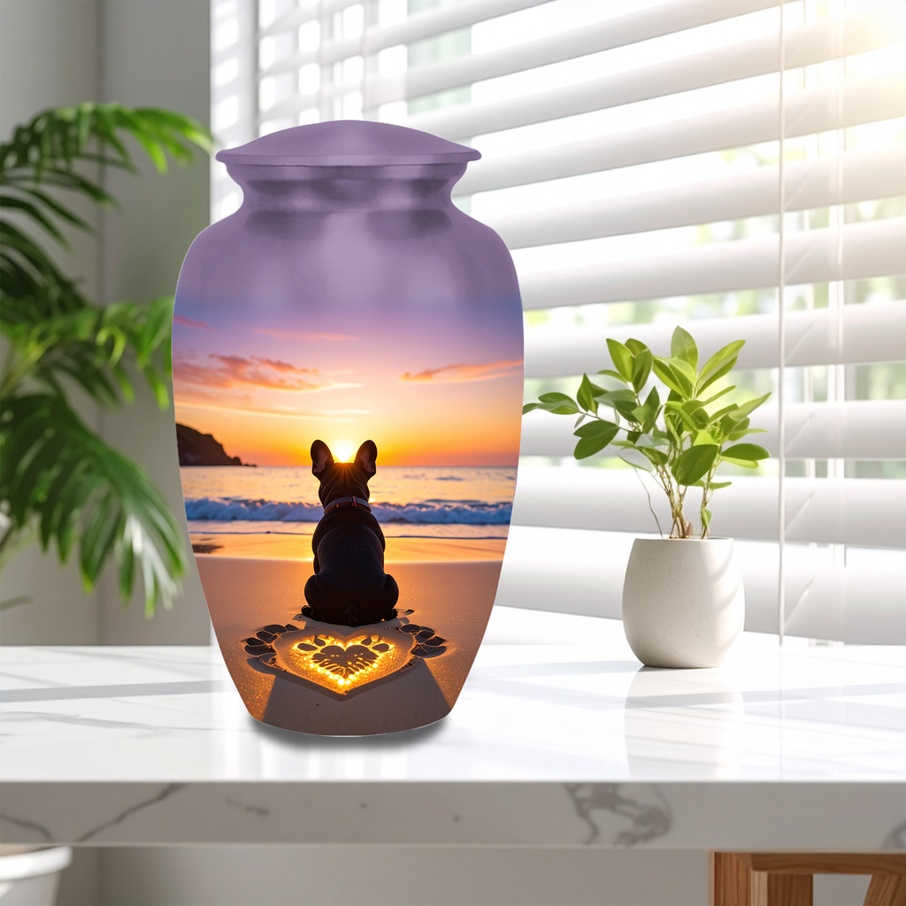 Dog cremation urn with sunset artwork