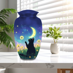 Black cat and crescent moon cremation urn for pet ashes