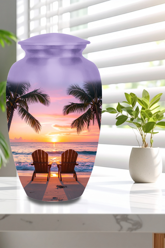 Tropical Beach Sunset Cremation Urn - Adult & Keepsake Sizes, Aluminum Memorial Urn
