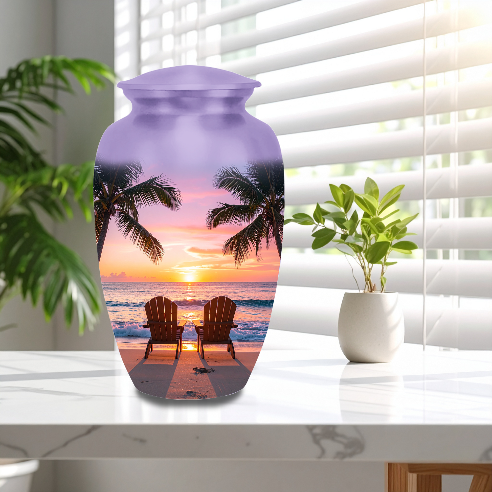 Tropical Beach Sunset Cremation Urn - Adult & Keepsake Sizes, Aluminum Memorial Urn