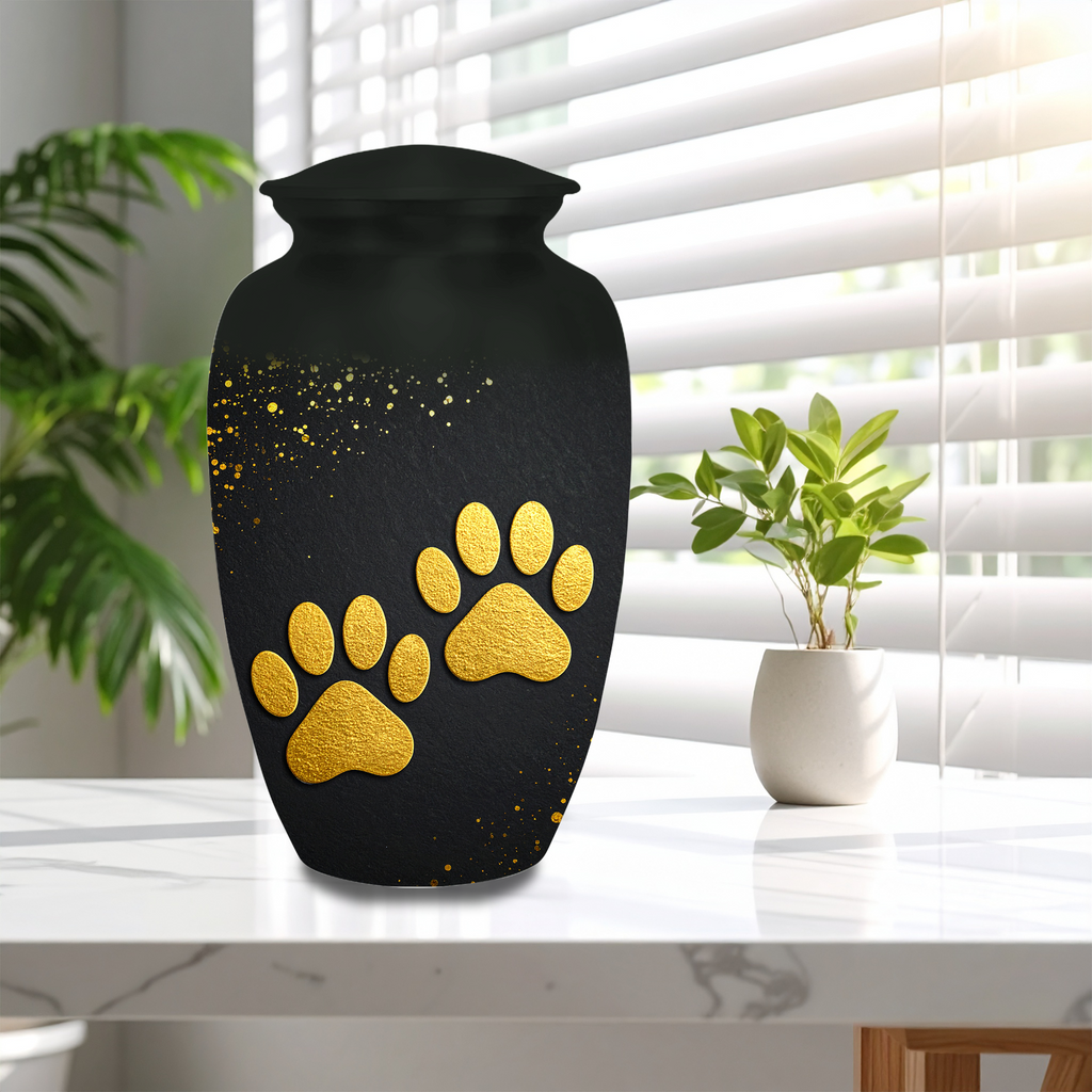 Gold paw print dog and cat memorial urn