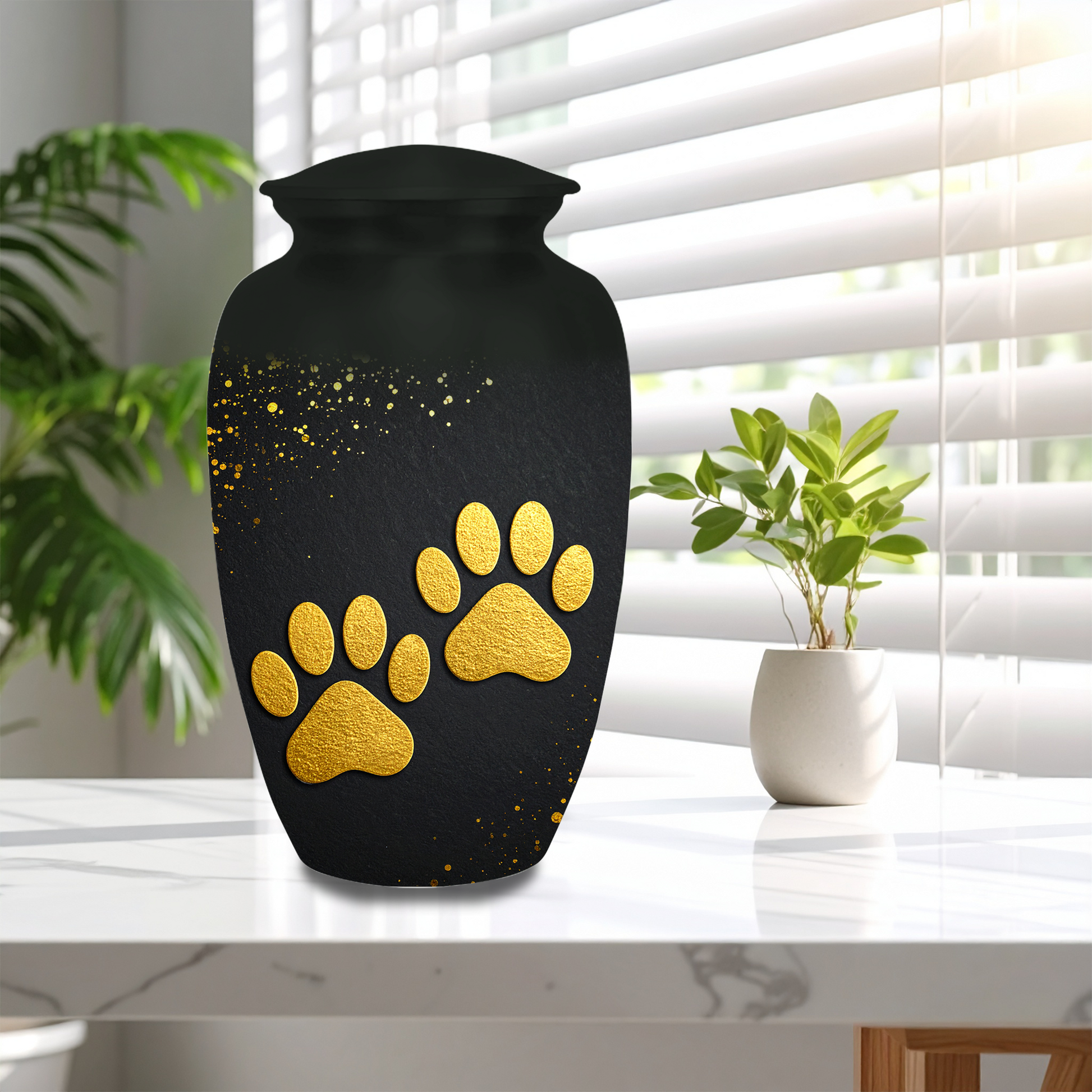 Gold paw print dog and cat memorial urn