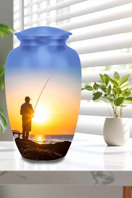 Bass fishing cremation urns for adults fishing memorial urns for ashes lake scene fisherman urns aluminum construction
