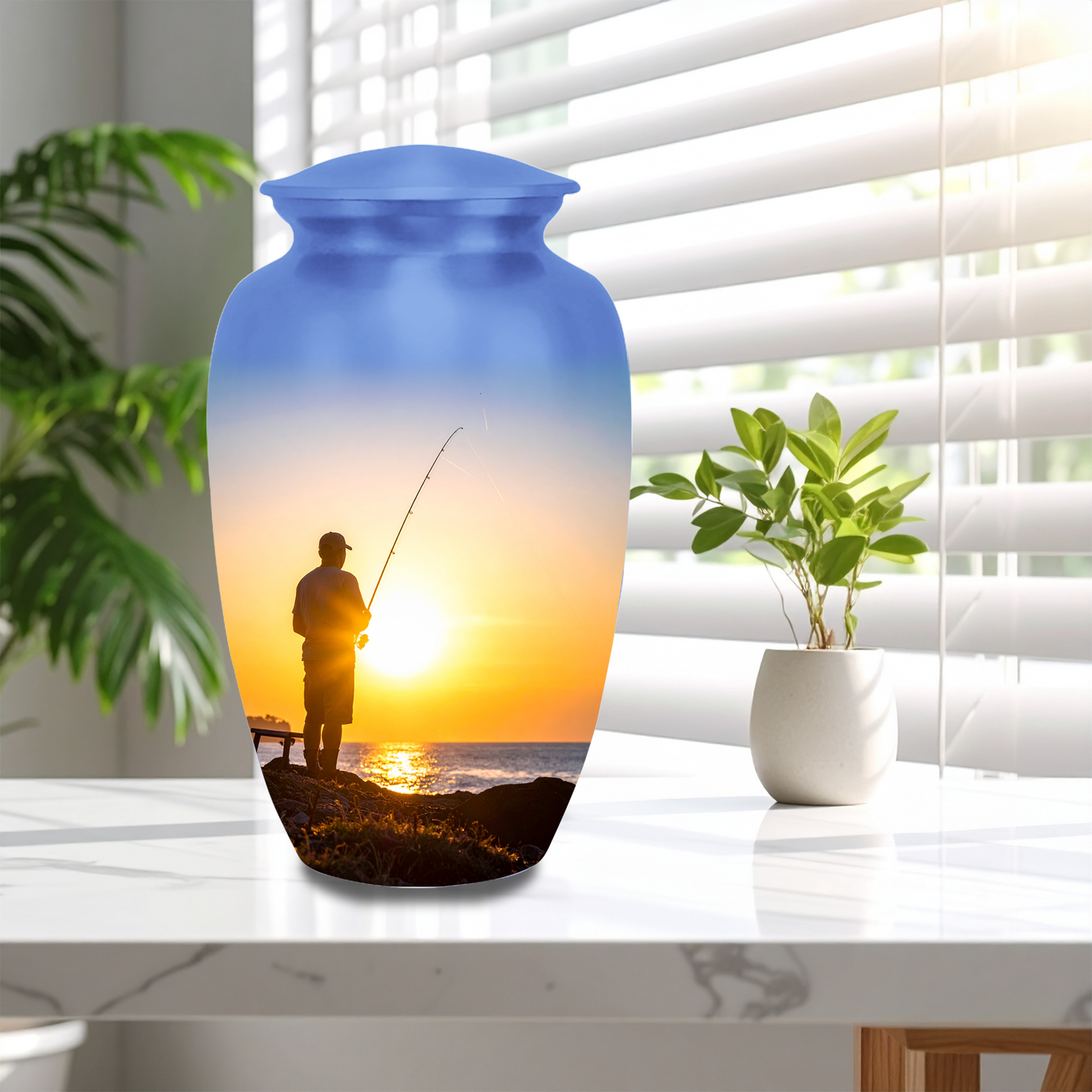 Bass fishing cremation urns for adults fishing memorial urns for ashes lake scene fisherman urns aluminum construction
