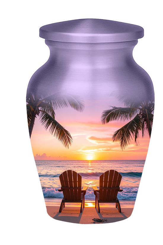 Tropical Beach Sunset Cremation Urn - Adult & Keepsake Sizes, Aluminum Memorial Urn