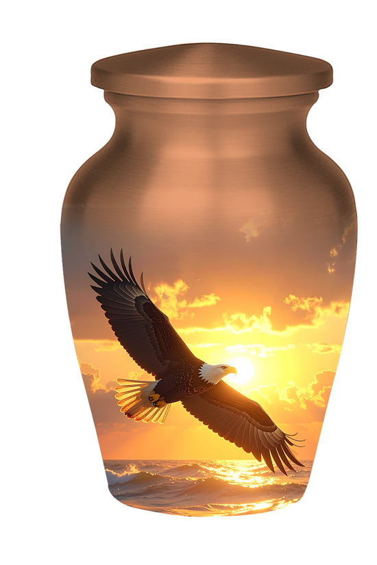 Decorative urns for ashes bald eagle artwork sunset scene memorial urns handcrafted aluminum construction
