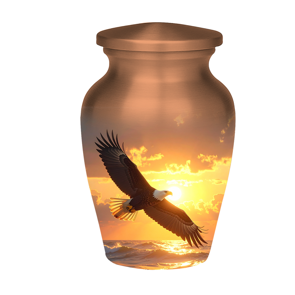 Decorative urns for ashes bald eagle artwork sunset scene memorial urns handcrafted aluminum construction