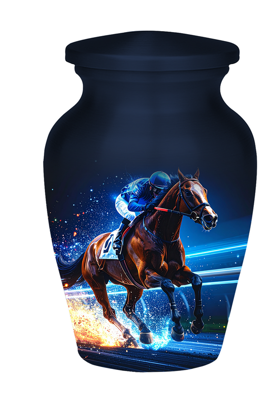 Unique urns for human ashes jockey and racehorse design equestrian heritage memorial urns trophy imagery

