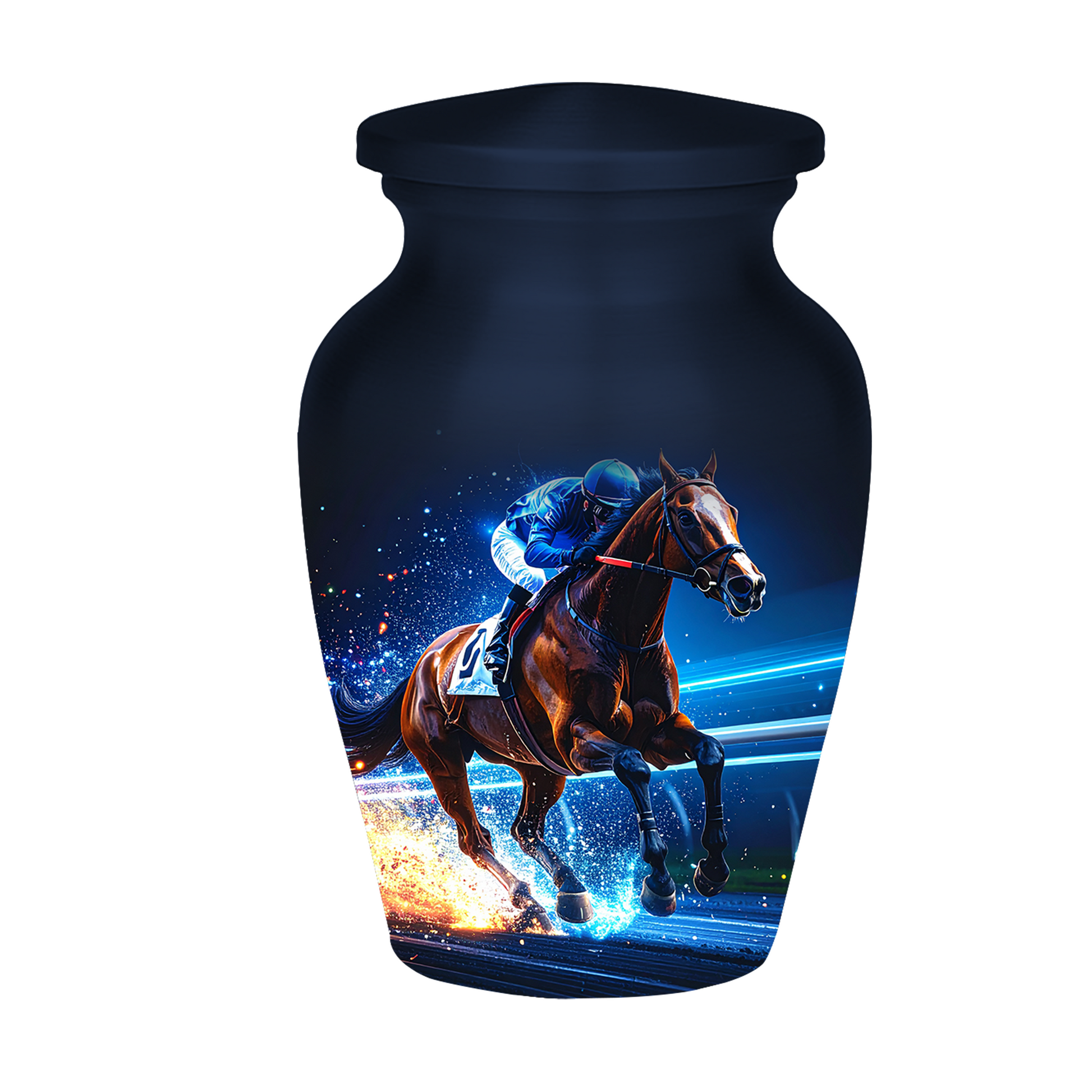 Unique urns for human ashes jockey and racehorse design equestrian heritage memorial urns trophy imagery
