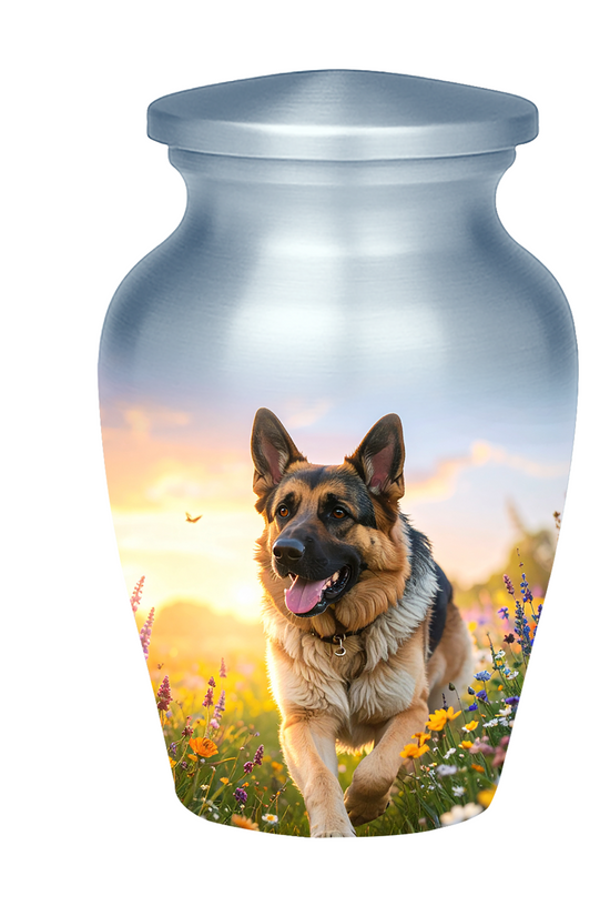 Loving memorial urn for German Shepherd dog ashes, featuring a happy dog running free