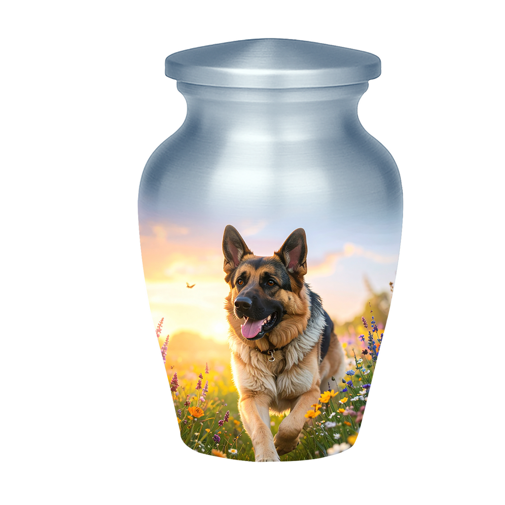 Loving memorial urn for German Shepherd dog ashes, featuring a happy dog running free
