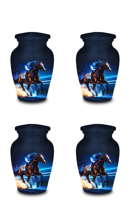 Decorative urns for ashes jockey artwork racetrack scene memorial urns handcrafted aluminum construction
