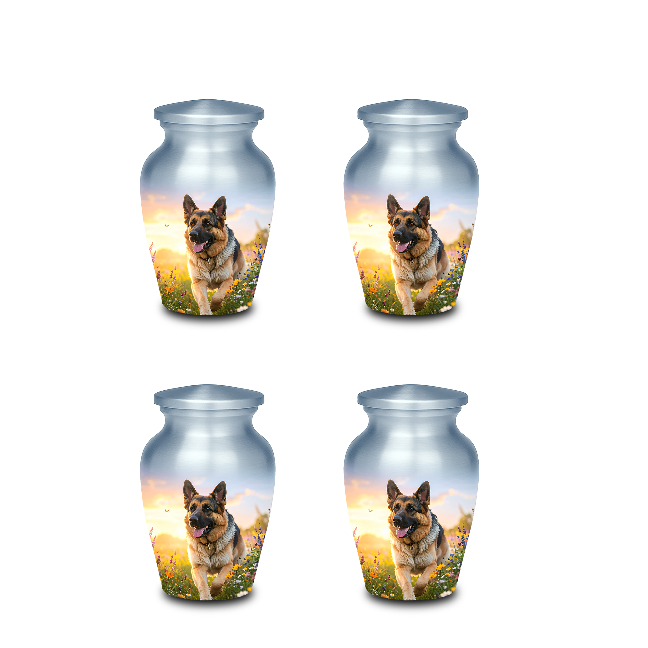 German Shepherd dog running in a sunny field, memorial cremation urn for dog's ashes.