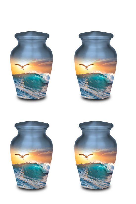 Decorative funeral urn displayed with beach sunset background
