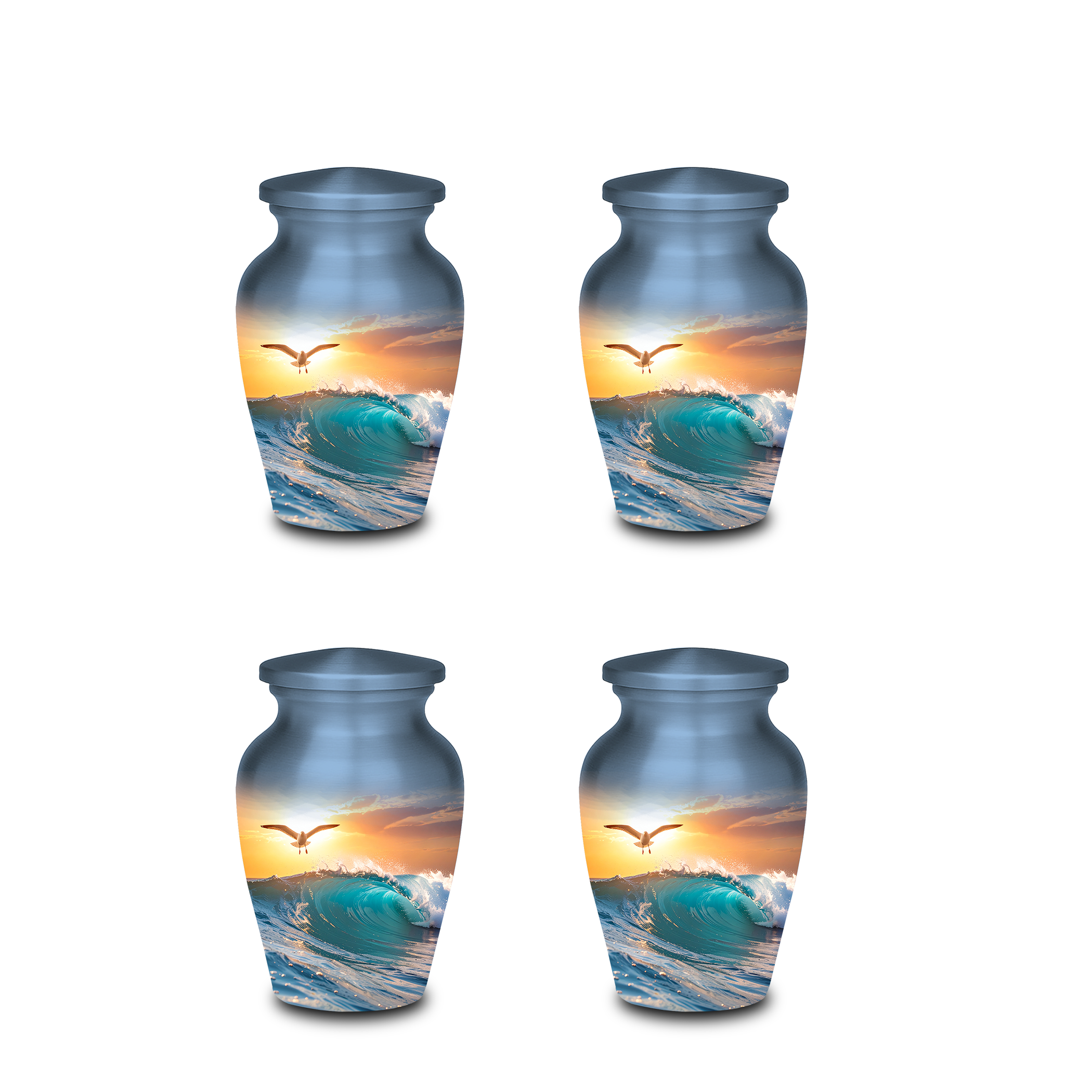 Decorative funeral urn displayed with beach sunset background