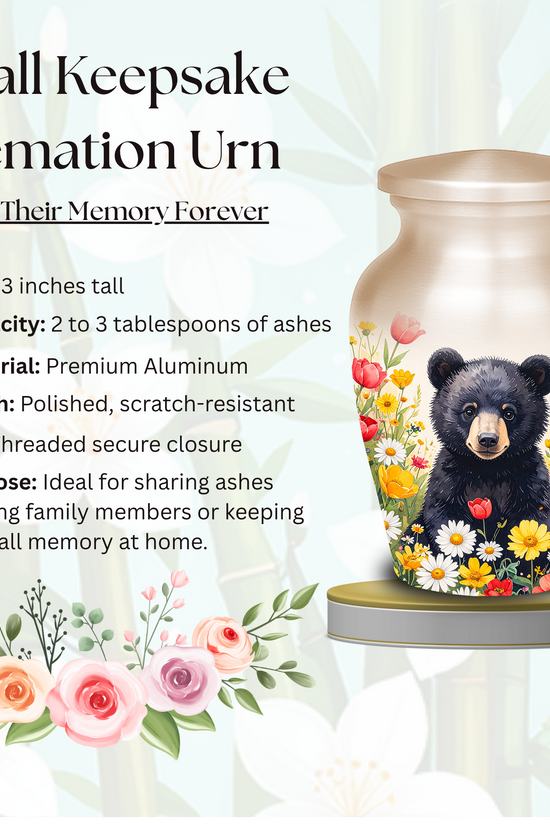 Black Bear in Wild Flower Cremation Urns for Human Ashes | Adult & Keepsake Urns | Premium Aluminum Memorial Urns | Beautiful Funeral Keepsakes